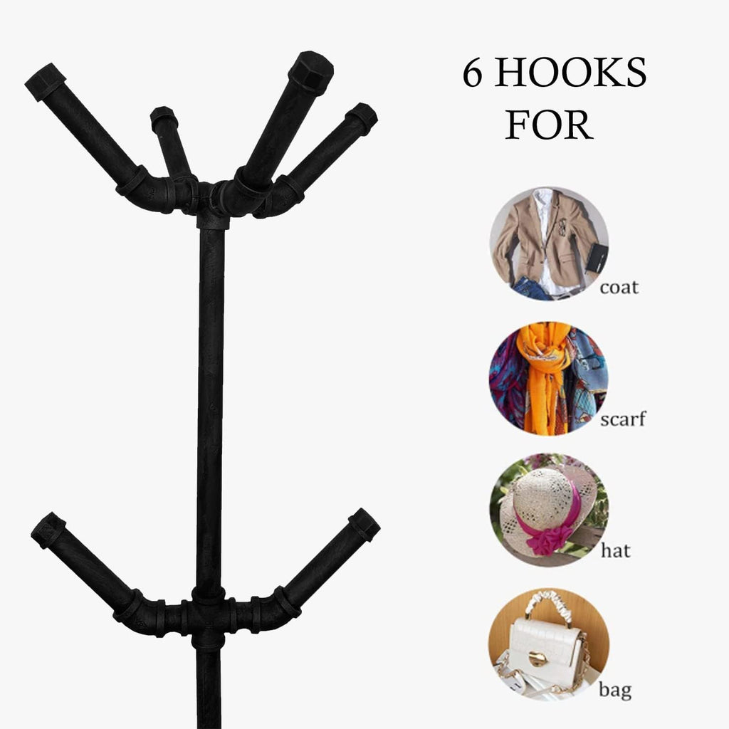 Black Metal Pipe 6 Hooks Freestanding Coat Rack