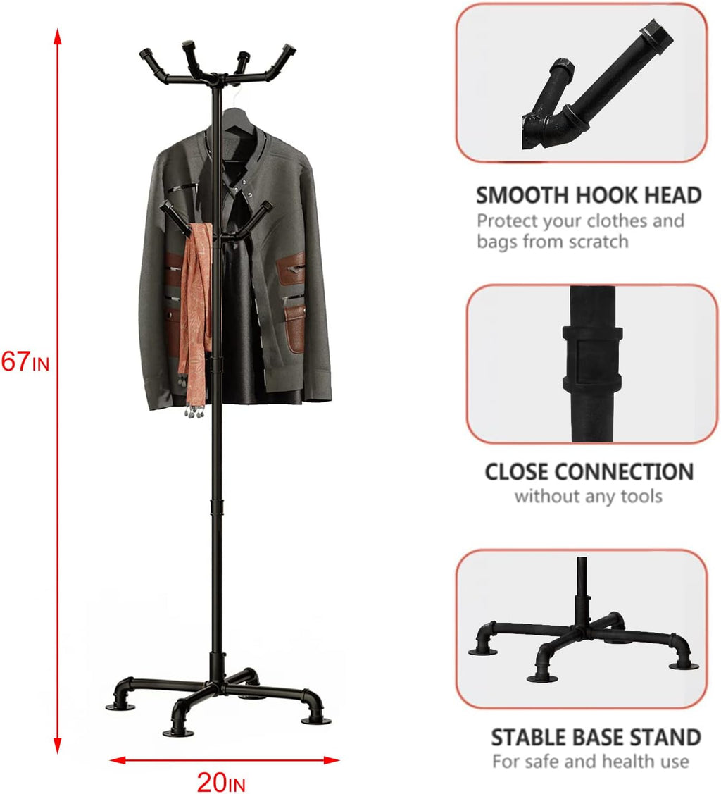 Black Metal Pipe 6 Hooks Freestanding Coat Rack