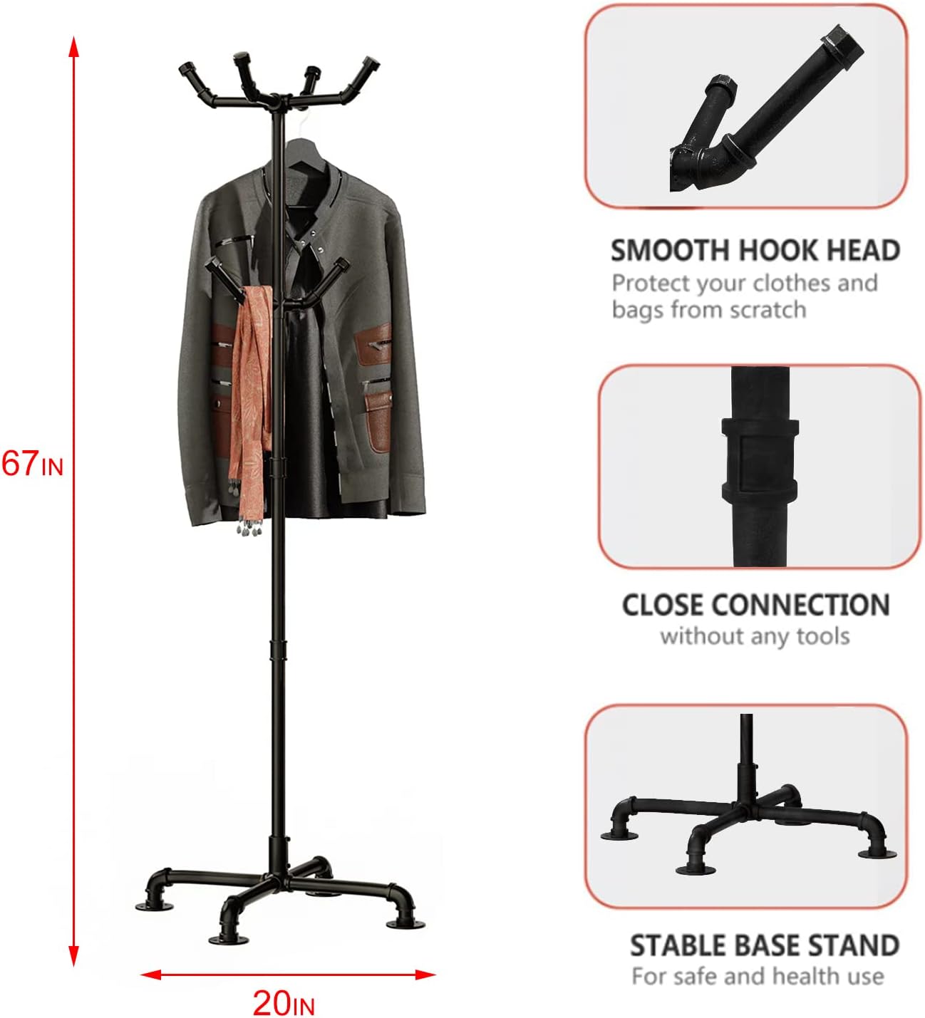 Black Metal Pipe 6 Hooks Freestanding Coat Rack