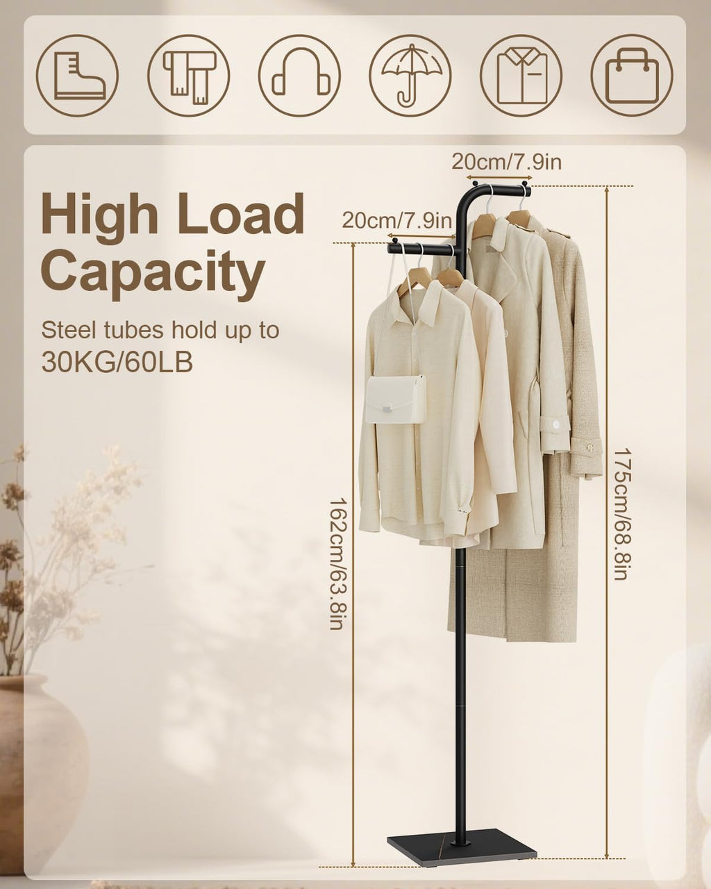 Black Metal Coat Rack With Rock Slab Base
