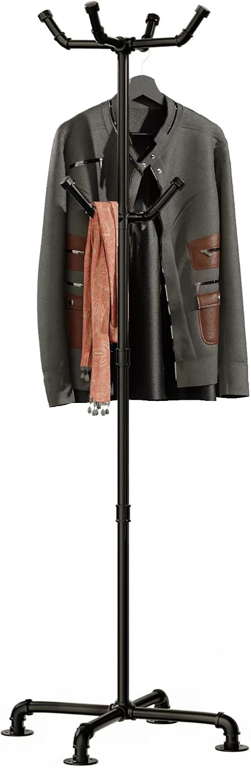 Black Metal Pipe 6 Hooks Freestanding Coat Rack