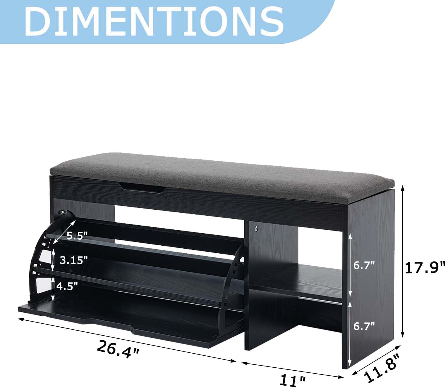 Black Cushioned Flip Drawer Shoe Storage Bench