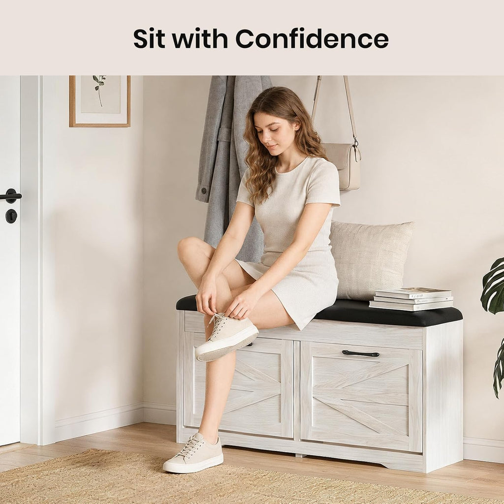 White Cushioned Shoe Storage Bench