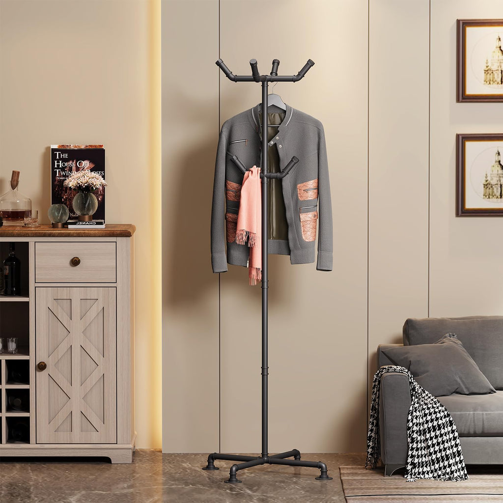 Black Metal Pipe 6 Hooks Freestanding Coat Rack
