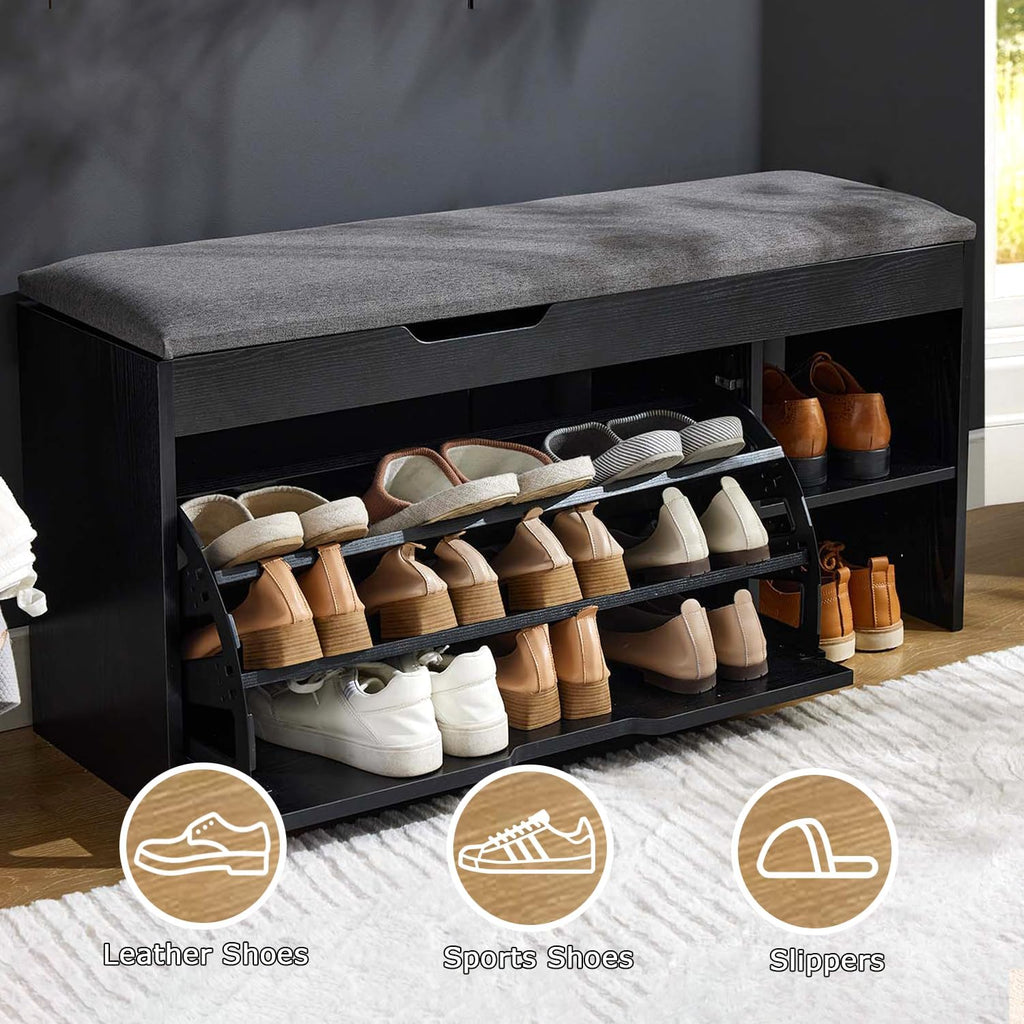 Black Cushioned Flip Drawer Shoe Storage Bench