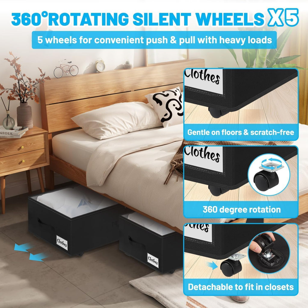 Black Rolling Lidded Under Bed Storage Bins