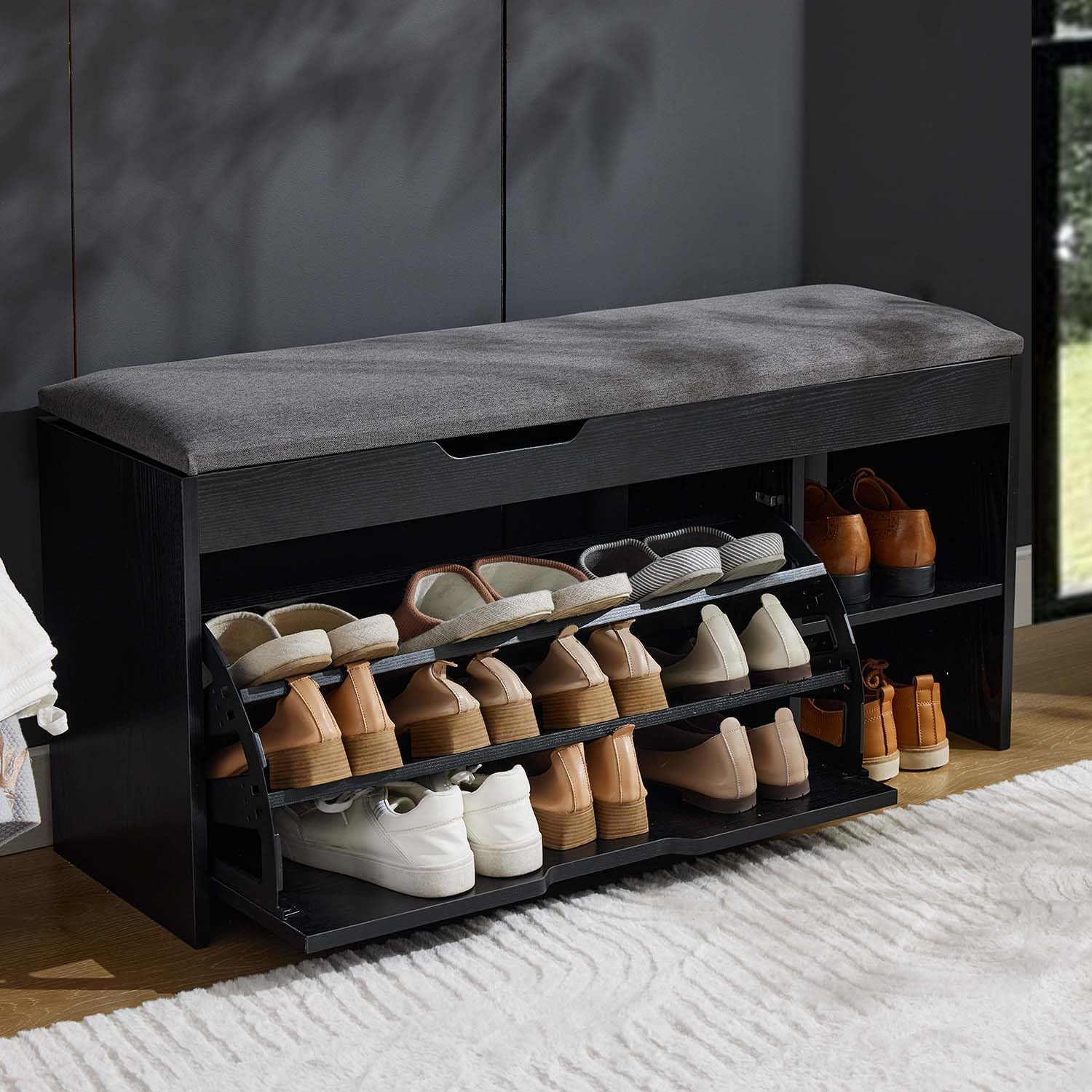 Black Cushioned Flip Drawer Shoe Storage Bench