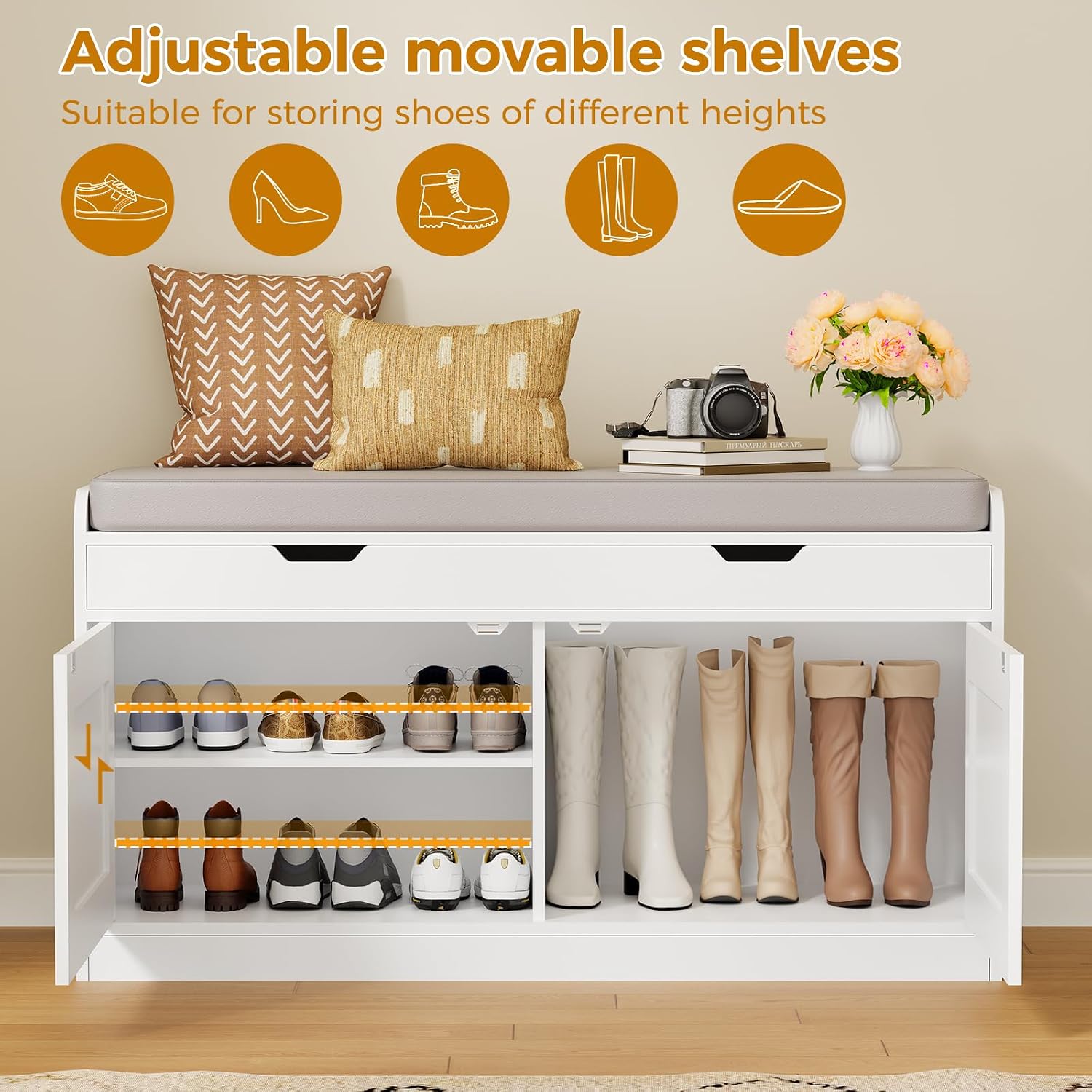 White Cushioned Lift Top Shoe Storage Bench