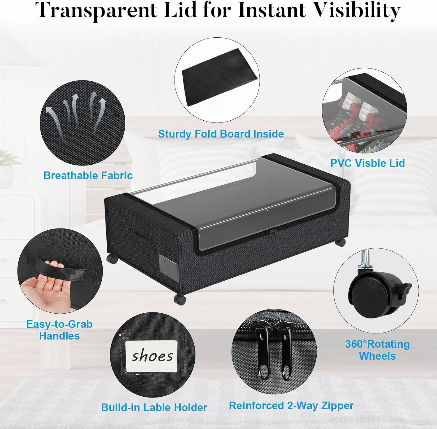 Black Metal Frame Rolling Under Bed Storage Bins