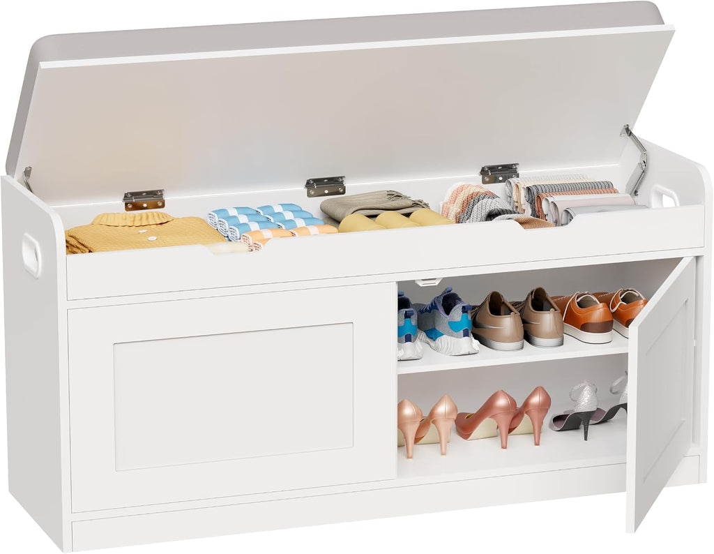 White Cushioned Lift Top Shoe Storage Bench