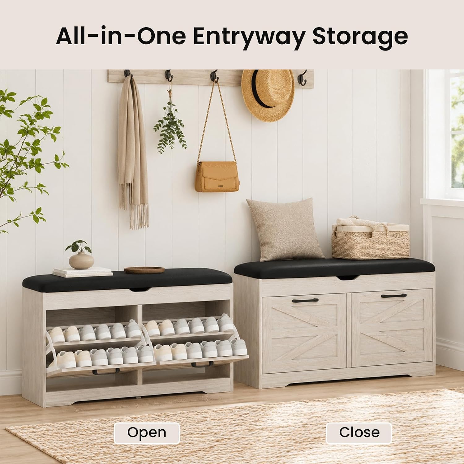 White Cushioned Shoe Storage Bench