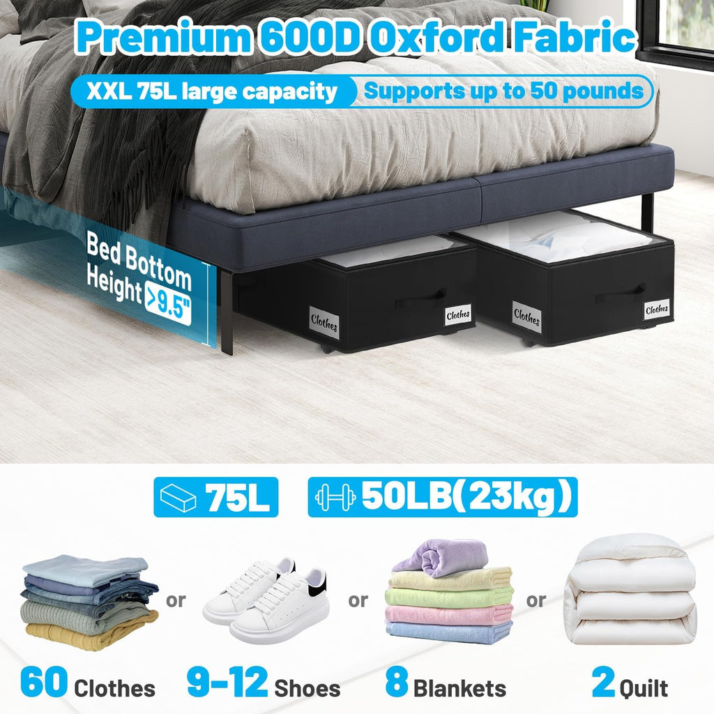 Black Rolling Lidded Under Bed Storage Bins