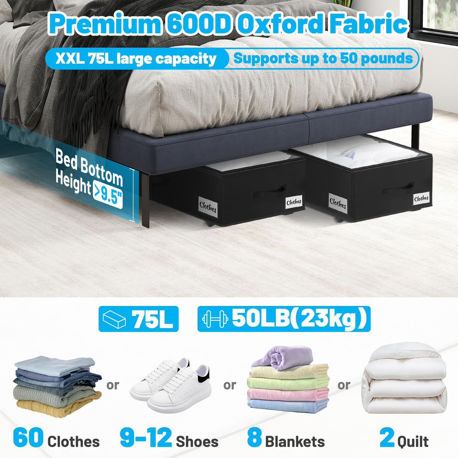 Black Rolling Lidded Under Bed Storage Bins