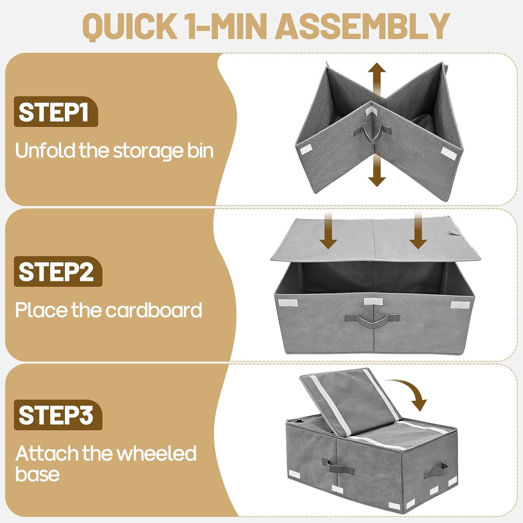 Grey Rolling Lidded Under Bed Storage Bins