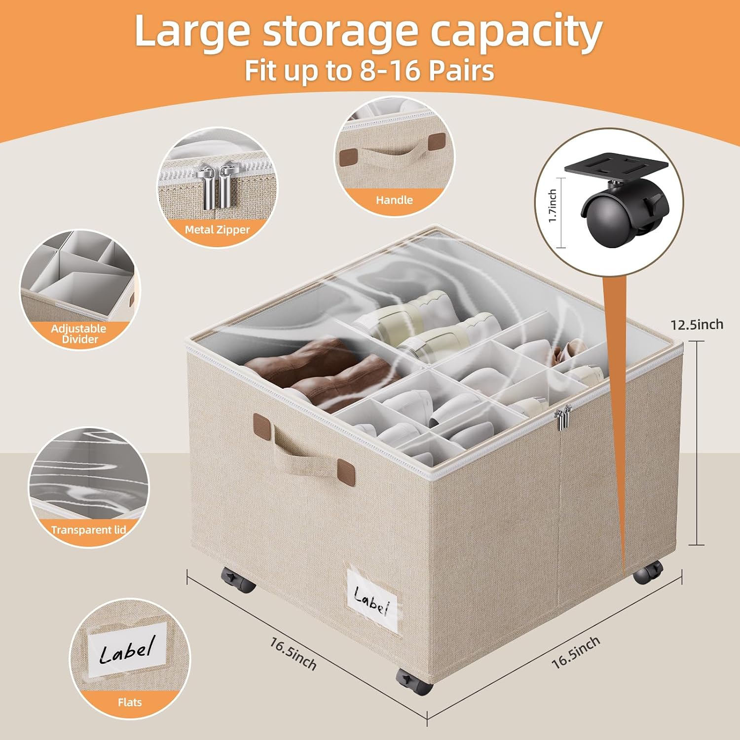 Beige Rolling Shoe Storage Bins