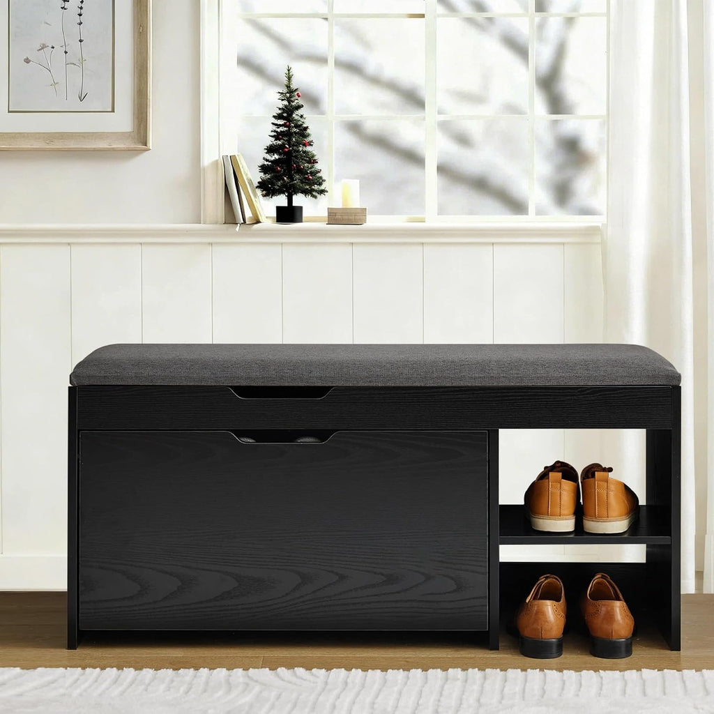 Black Cushioned Flip Drawer Shoe Storage Bench