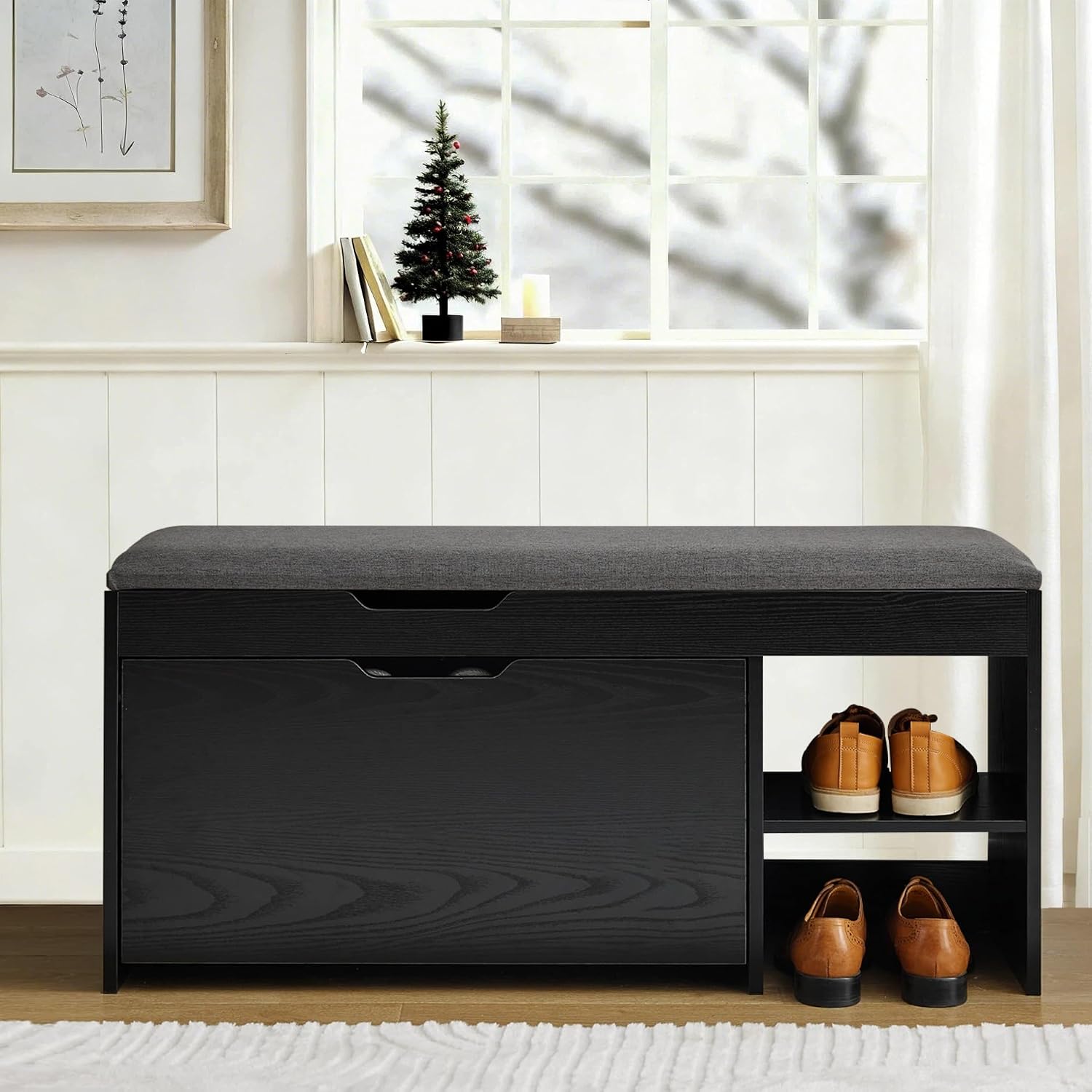 Black Cushioned Flip Drawer Shoe Storage Bench
