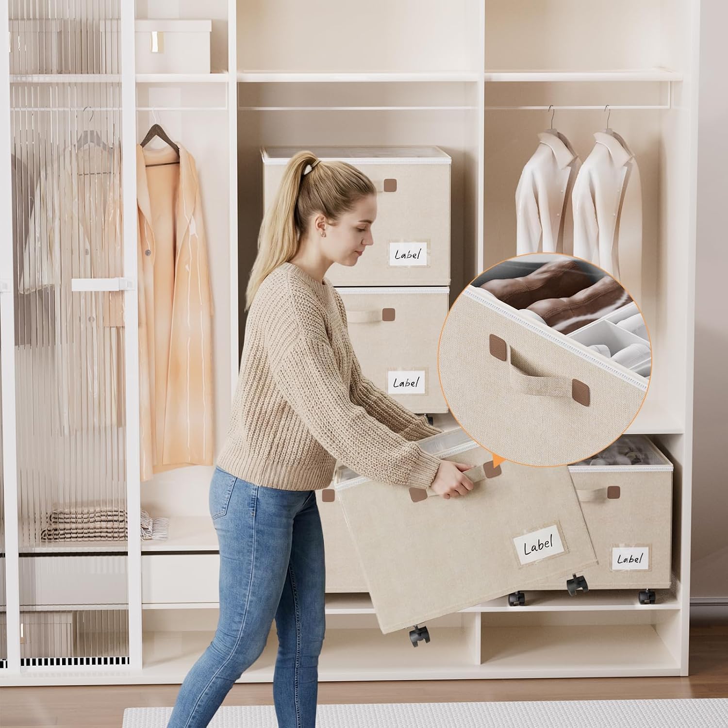 Beige Rolling Shoe Storage Bins