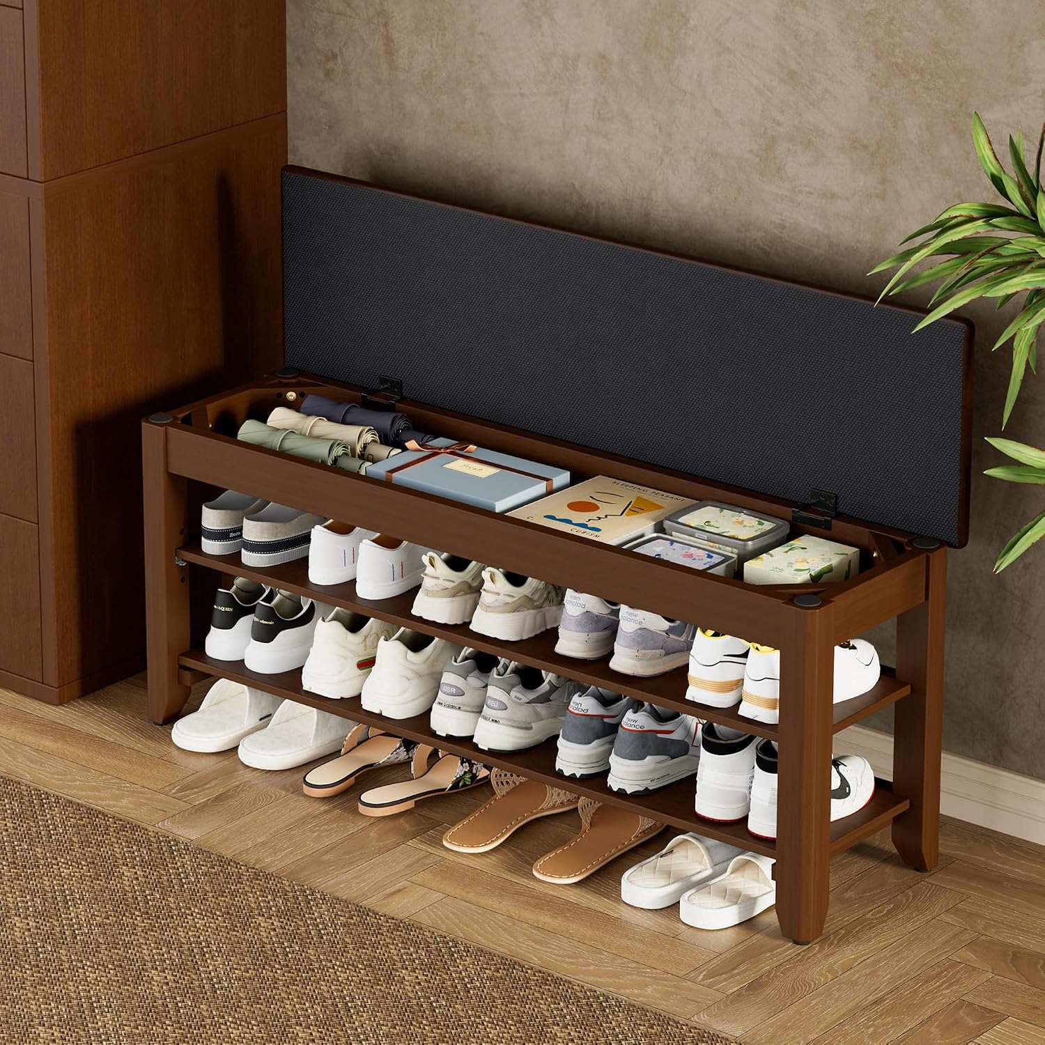 Walnut Flip Top Shoe Storage Bench