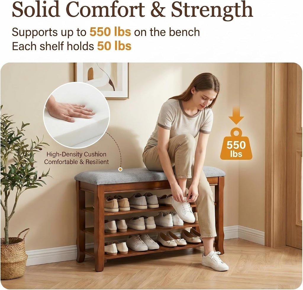 Wood Cushioned Flip Top Shoe Storage Bench