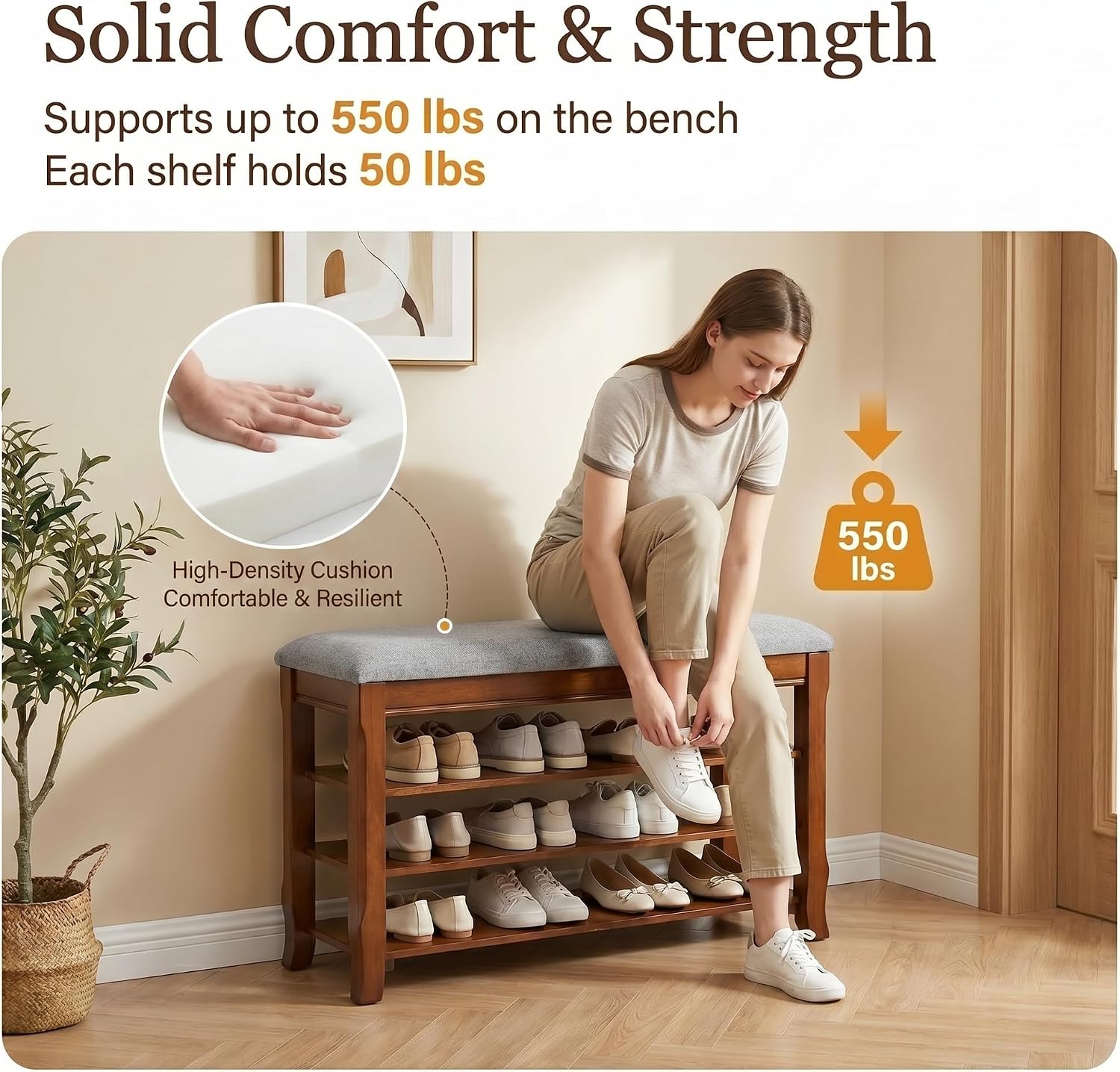 Wood Cushioned Flip Top Shoe Storage Bench
