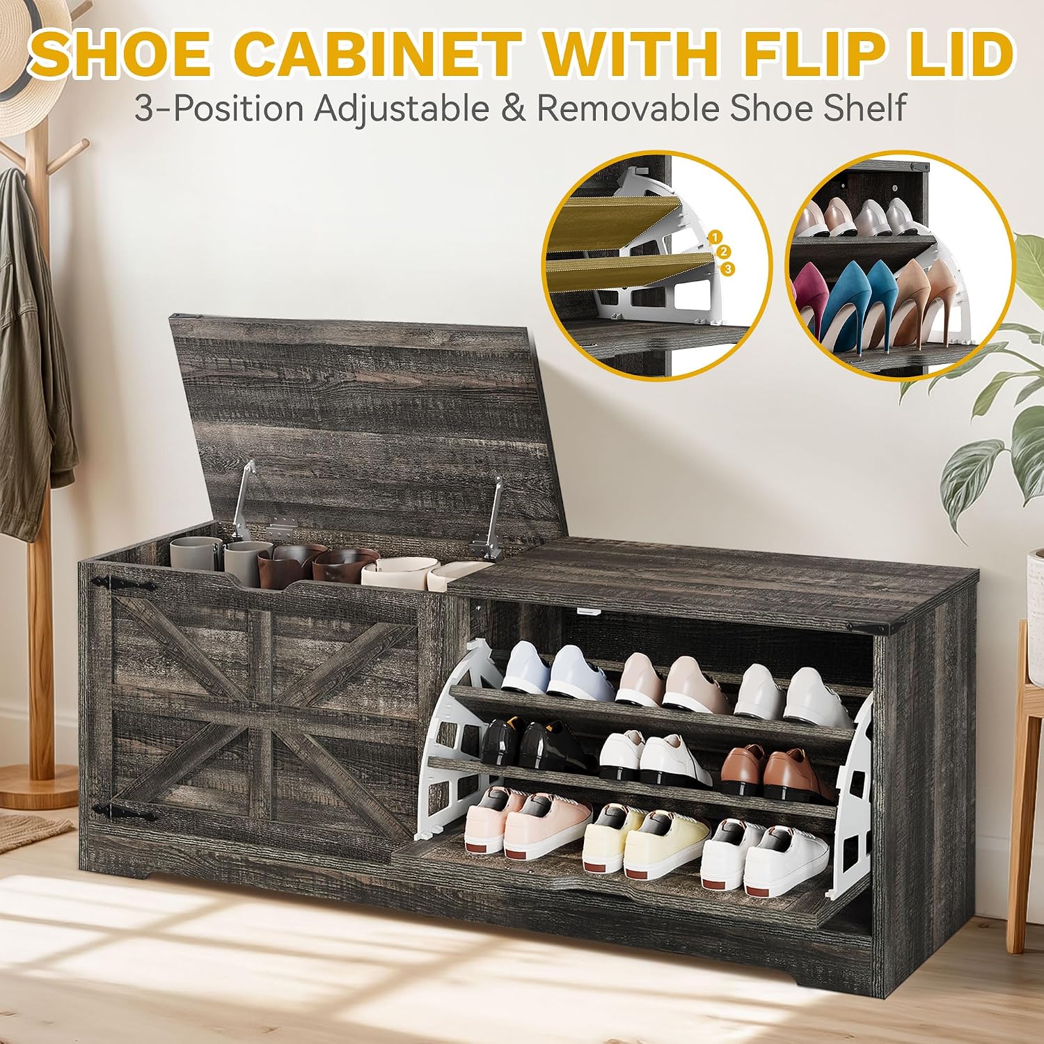 Farmhouse Flip Drawer Shoe Storage Bench