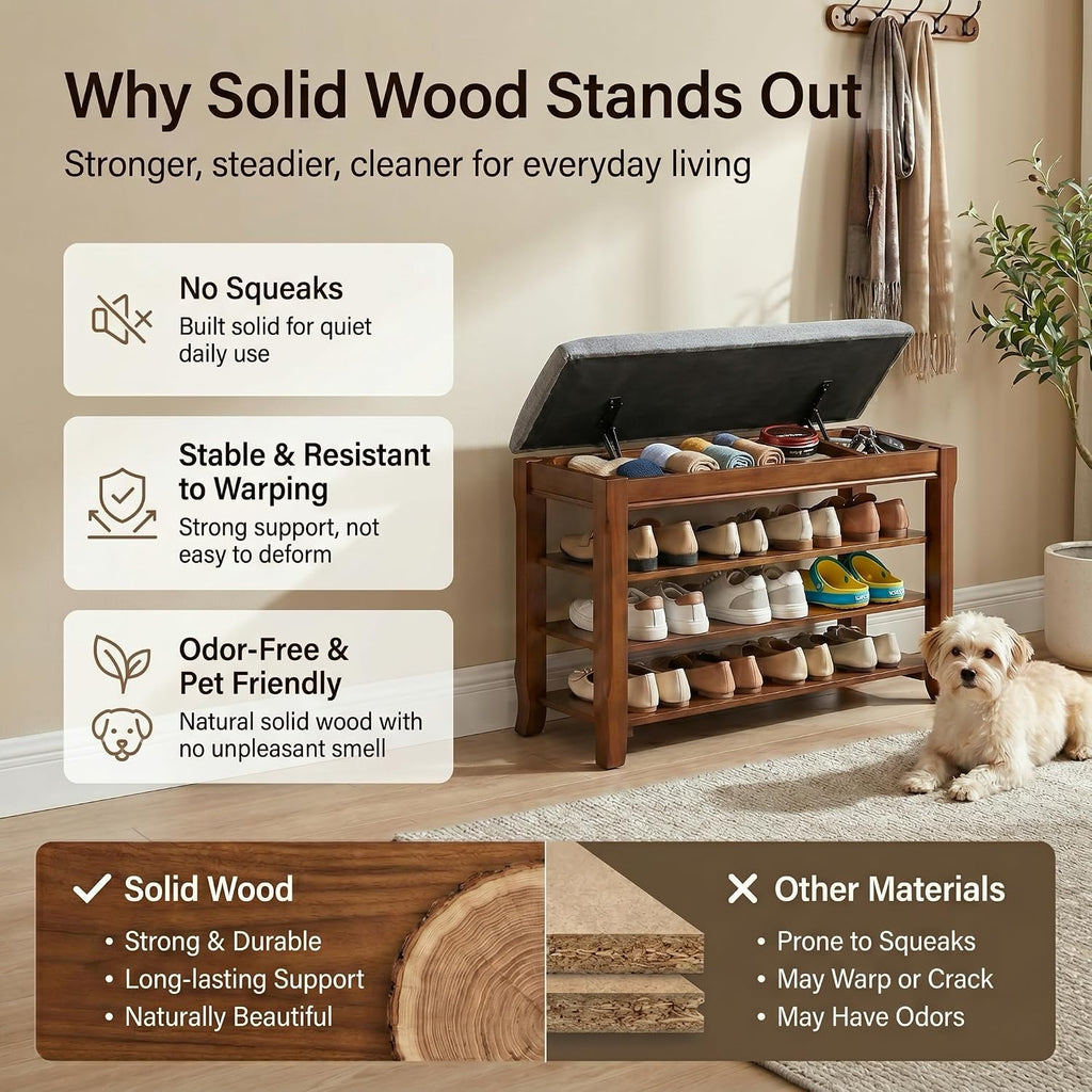 Wood Cushioned Flip Top Shoe Storage Bench