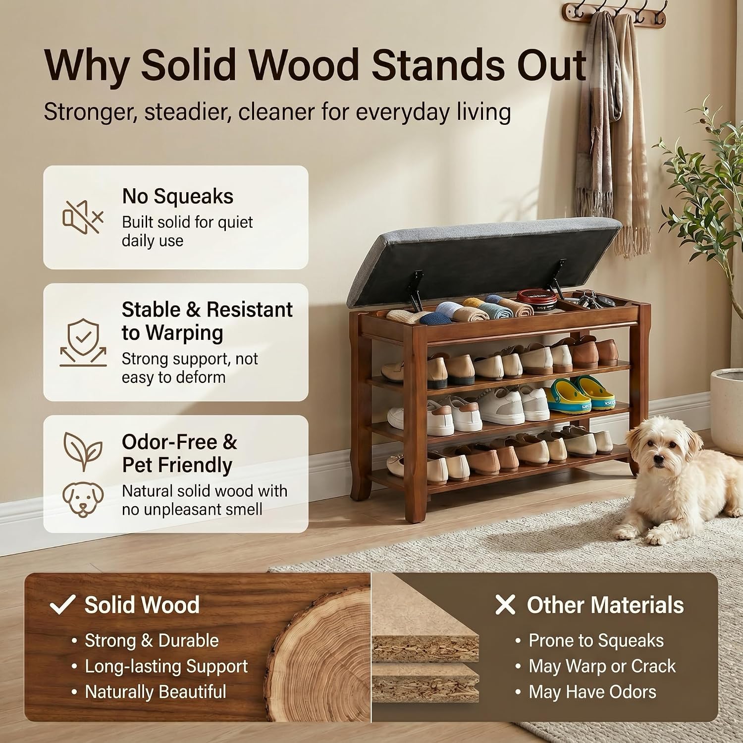 Wood Cushioned Flip Top Shoe Storage Bench