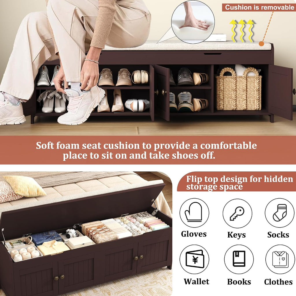 Espresso Lift Top Storage Shoe Bench