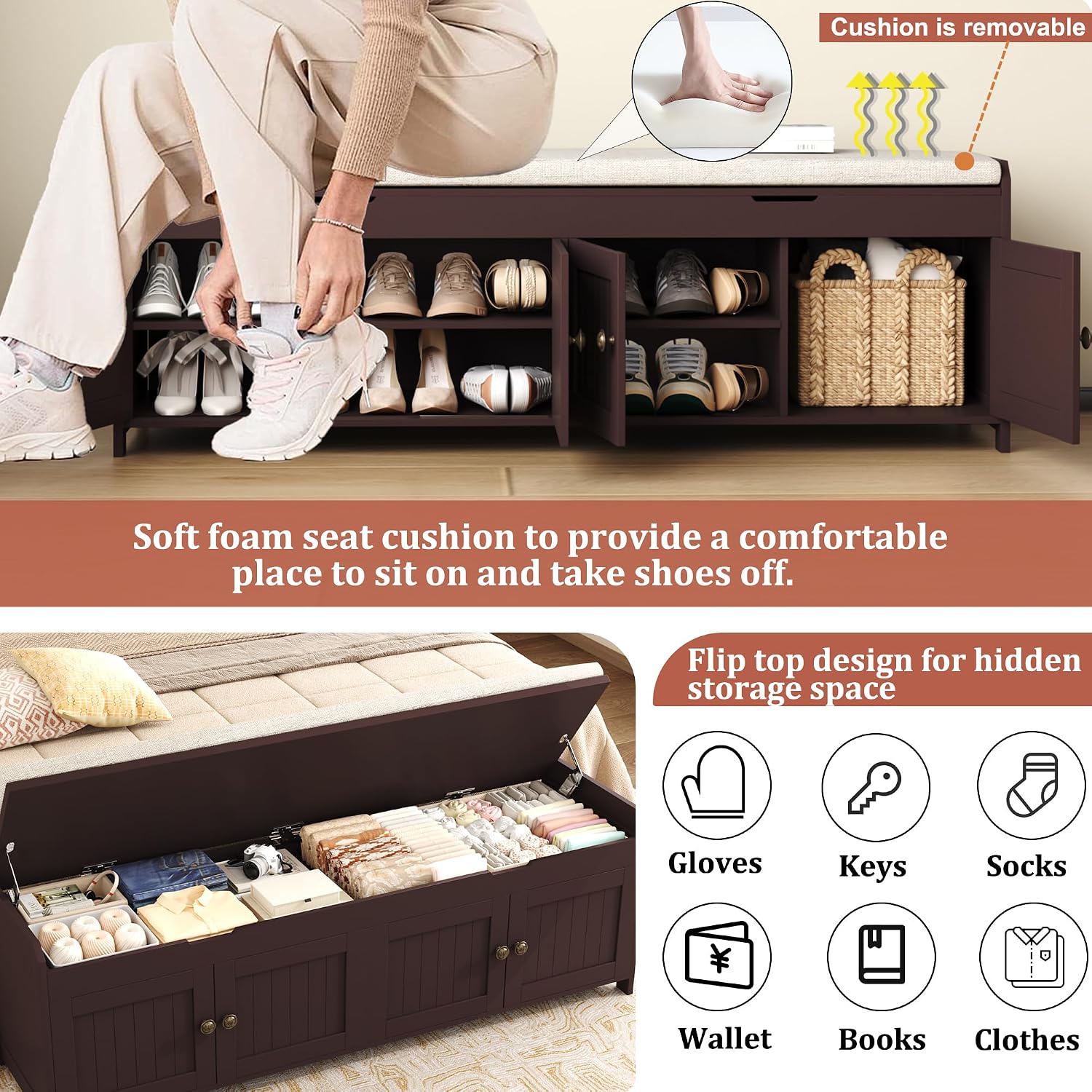 Espresso Lift Top Storage Shoe Bench