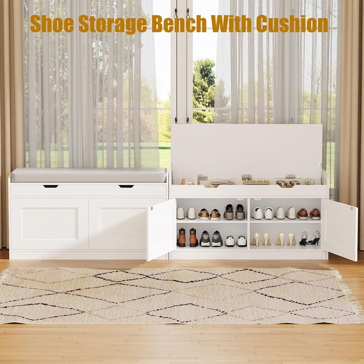 White Cushioned Lift Top Shoe Storage Bench