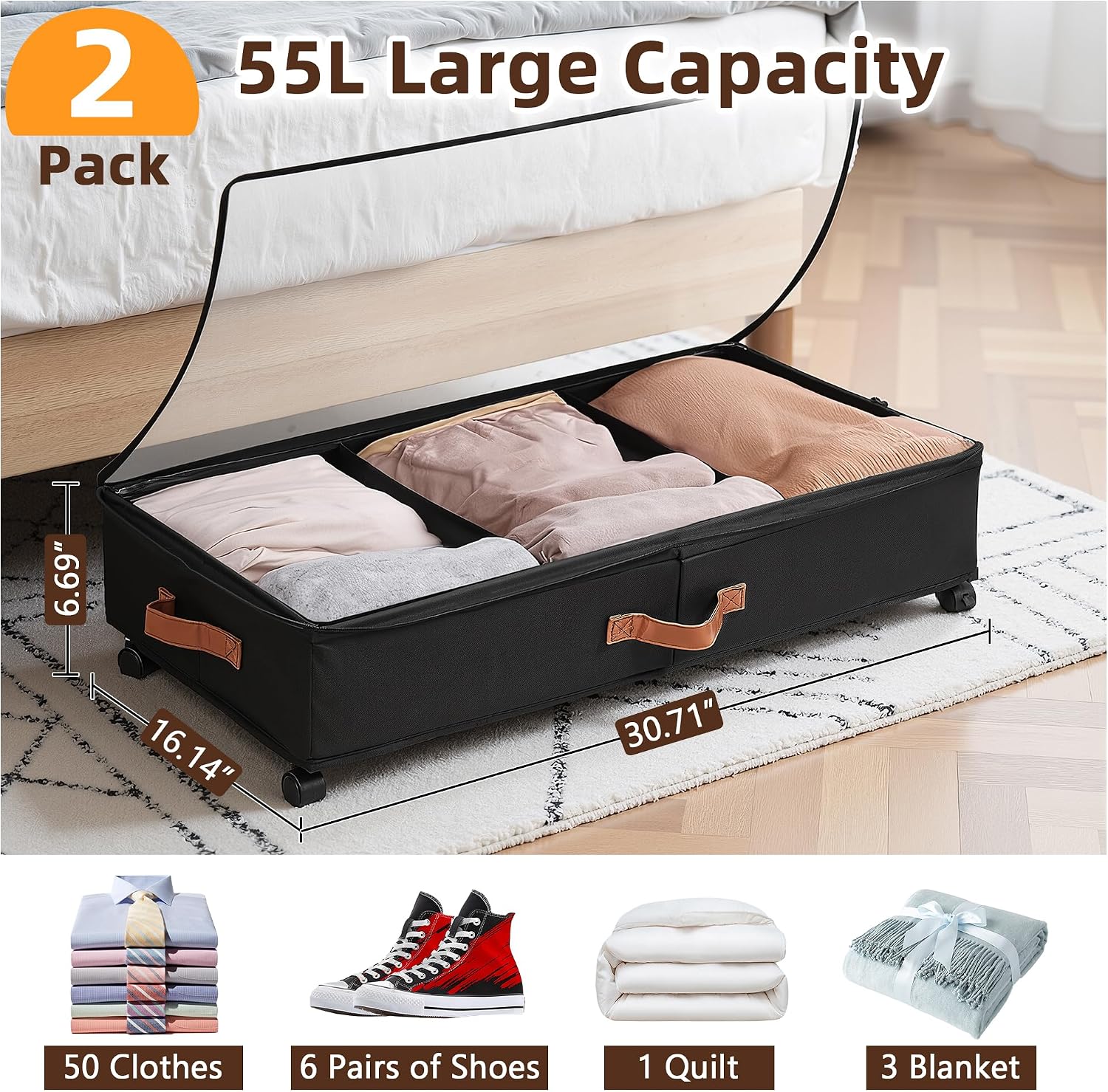 Black Metal Frame Under Bed Storage Bins