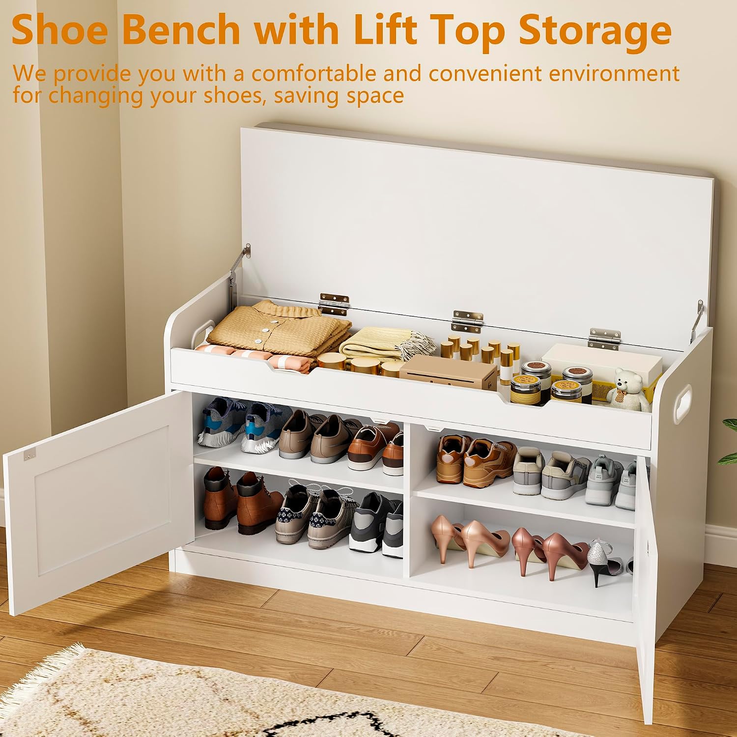 White Cushioned Lift Top Shoe Storage Bench