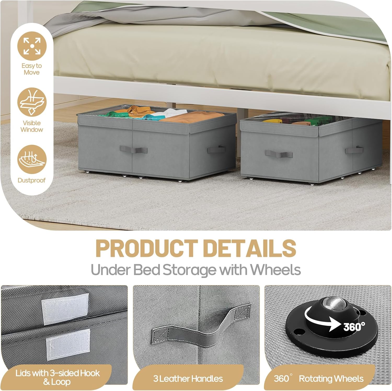 Grey Rolling Lidded Under Bed Storage Bins