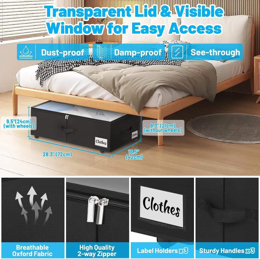 Black Rolling Lidded Under Bed Storage Bins