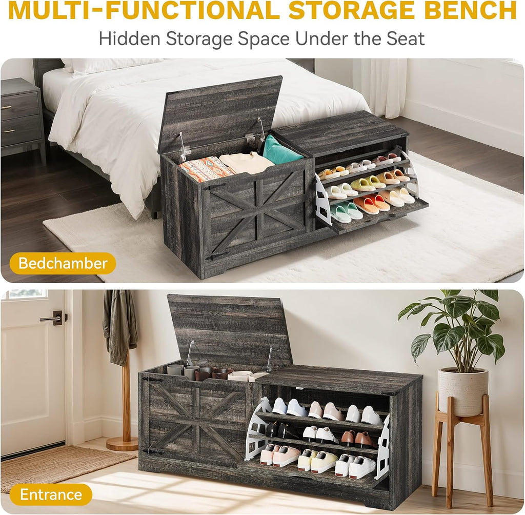 Farmhouse Flip Drawer Shoe Storage Bench