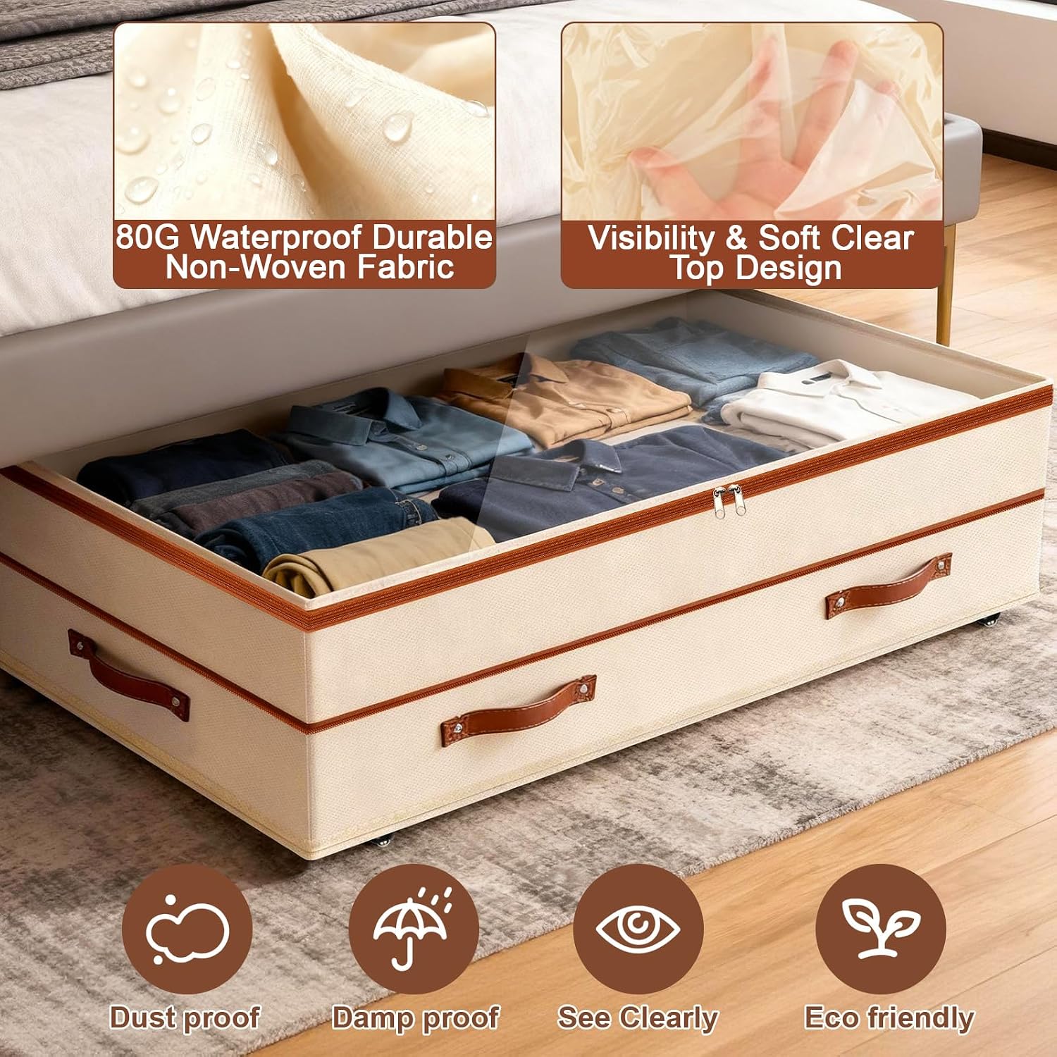 Dolicer Beige Rolling Under Bed Storage Bins