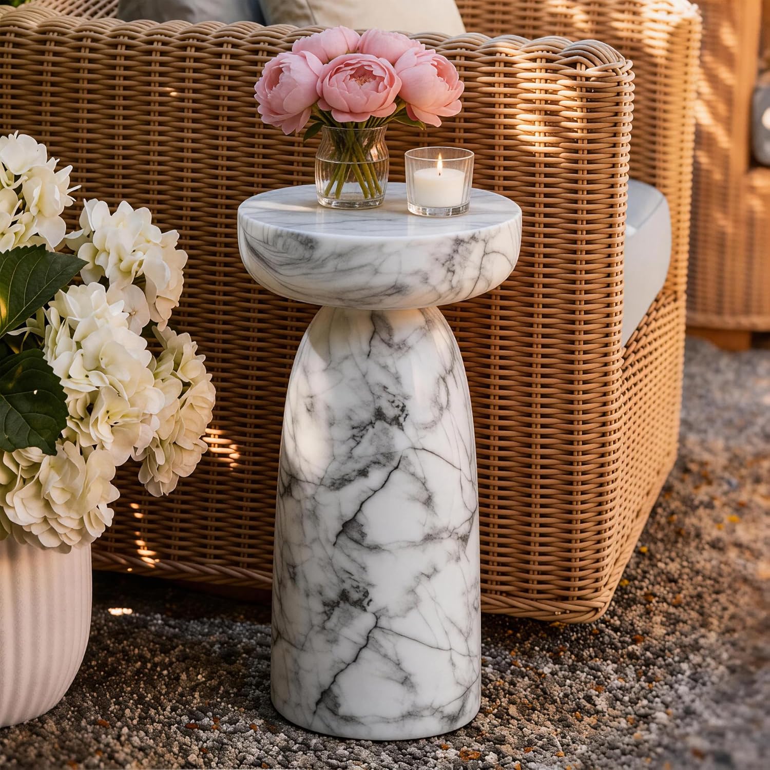 White Faux Marble Outdoor Side Table