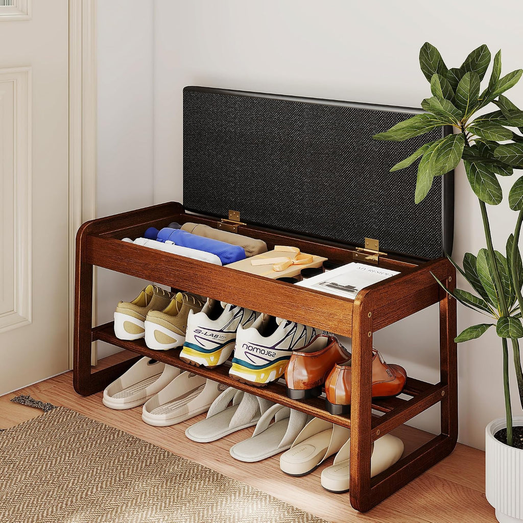 Wood Cushioned Flip Top Shoe Bench