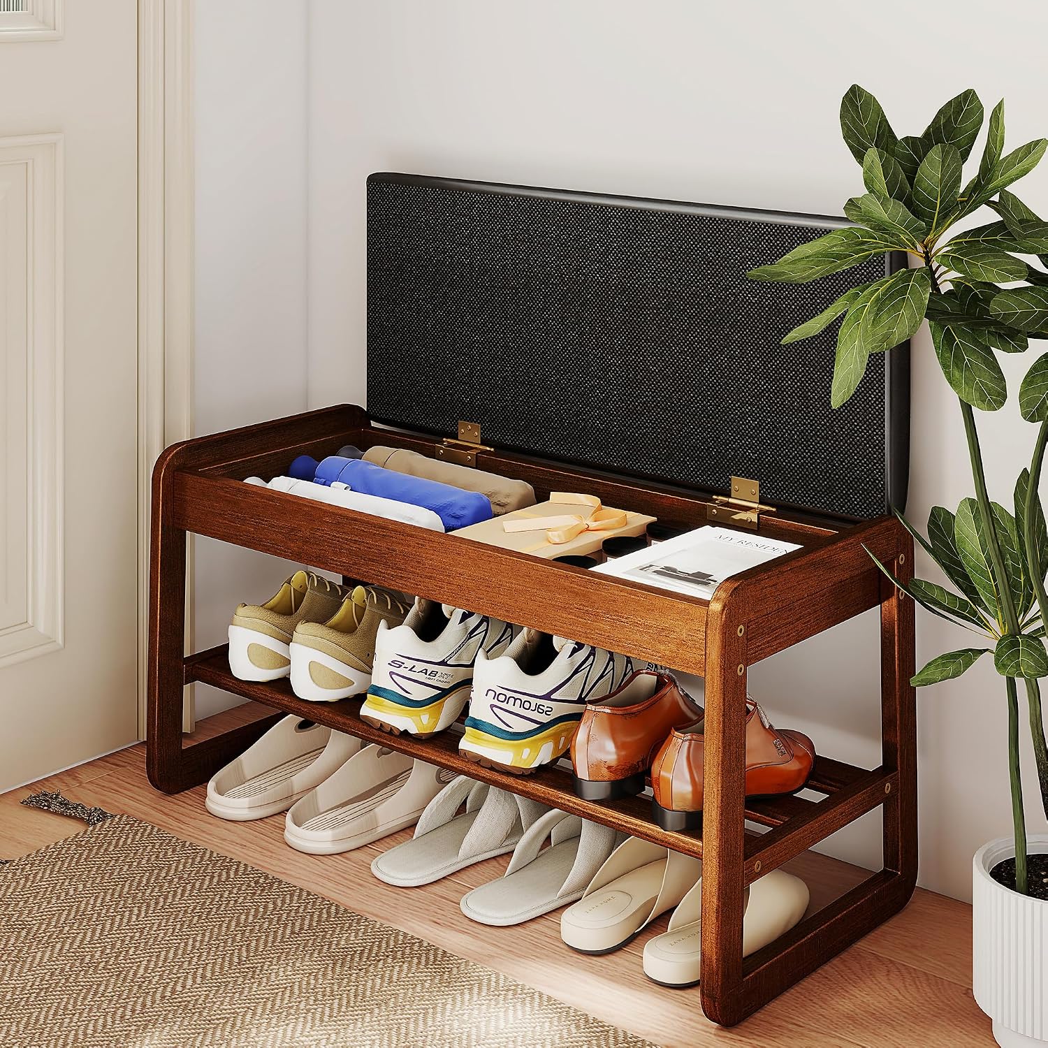 Wood Cushioned Flip Top Shoe Bench