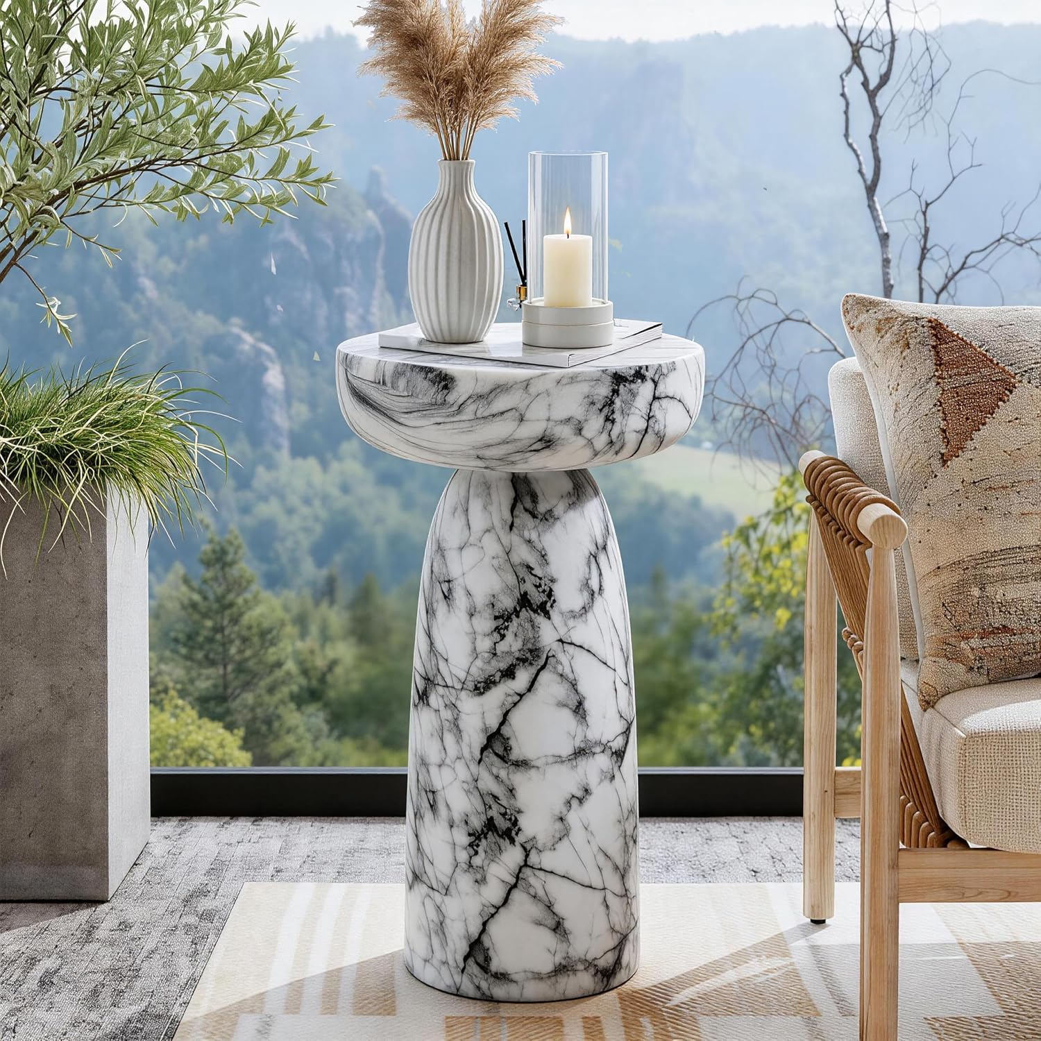 White Faux Marble Outdoor Side Table
